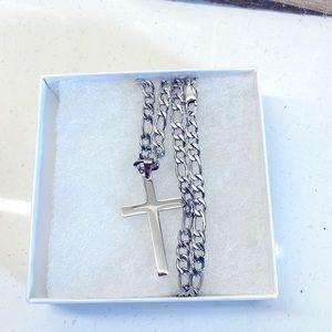 14k White Gold Cross 22 Inch Figaro Chain Necklace
